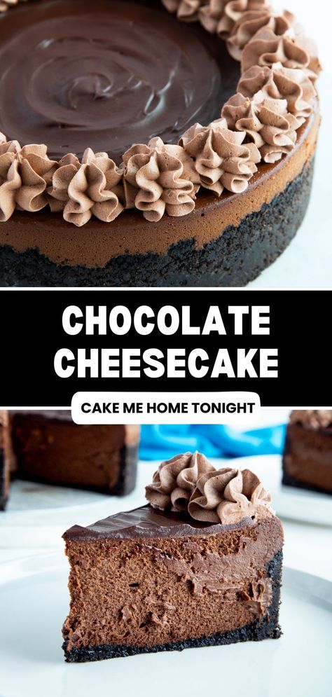 This chocolate cheesecake recipe is the perfect dessert for chocolate lovers. Made with an Oreo cookie crust, creamy chocolate cheesecake filling, chocolate ganache, and chocolate whipped cream, this cheesecake is decadent and delicious. Oreo Cheesecake Crust, Dark Chocolate Cheesecake, Creamy Chocolate Cheesecake, Chocolate Cheesecake Recipe, No Bake Chocolate Cheesecake, Oreo Cookie Crust, Best Chocolate Desserts, Chocolate Cheesecake Recipes, Chocolate Whipped Cream