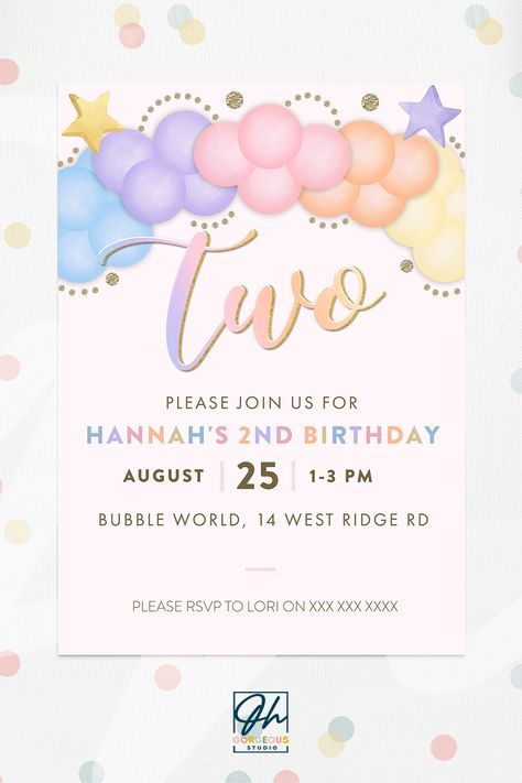 2nd Birthday Party Invitation | Editable Printable Birthday Invitation, Second Birthday, 2 Years Old Watercolour Balloon Birthday Invite Second Birthday Invitation, 2nd Birthday Invitations Girl, 2nd Birthday Invite, Birthday Invitation Card Template, Wine Closet, 2nd Birthday Party, 2nd Birthday Invitations, Invitation Background, Balloon Birthday