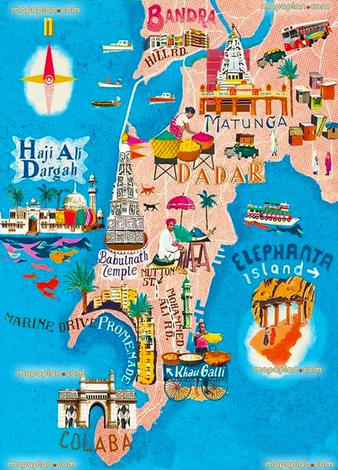 Mumbai Map, Mumbai Travel, London Travel Guide, India Poster, Restaurants In Paris, Map Illustration, Poster City, Art Carte, Travel Map