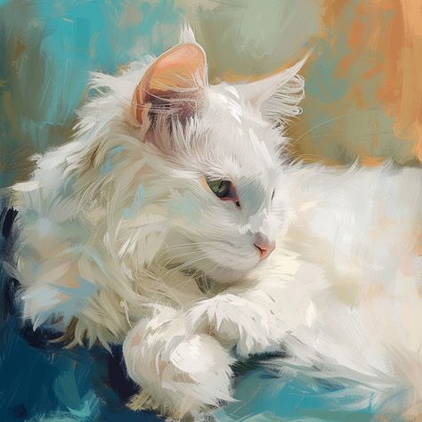 Oil Painting Digital - Cats Cat Paintings Aesthetic, Daniel Keys Paintings, Cat Painting Ideas, Acrylic Cat Painting, Acrylic Painting Cat, White Cat Painting, Painting Of Cat, Aesthetic Oil Painting, Cat Acrylic Painting