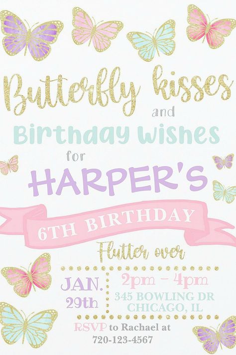 Butterfly kisses and birthday wishes invitations for girls. Lovely butterfly themed birthday party invites. afflink Butterfly Themed Birthday Invitations, Butterfly Birthday Ideas Decorations, Butterfly First Birthday Party, Butterfly Kisses And Birthday Wishes, Kiss Birthday Party, Butterfly Birthday Party Invitations, Summer Birthday Party Invitations, Butterfly Themed Birthday Party, Butterfly Invitation