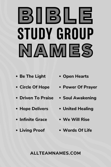 bible study group names list Names For Bible Study Groups, Bible Study With Friends Plan, Meals For Bible Study Group, Bible Study Names Ideas, Cute Bible Study Group Names, Bible Study Group Names Ideas, Christian Brand Names, Study Group Names Ideas, Starting A Bible Study Group