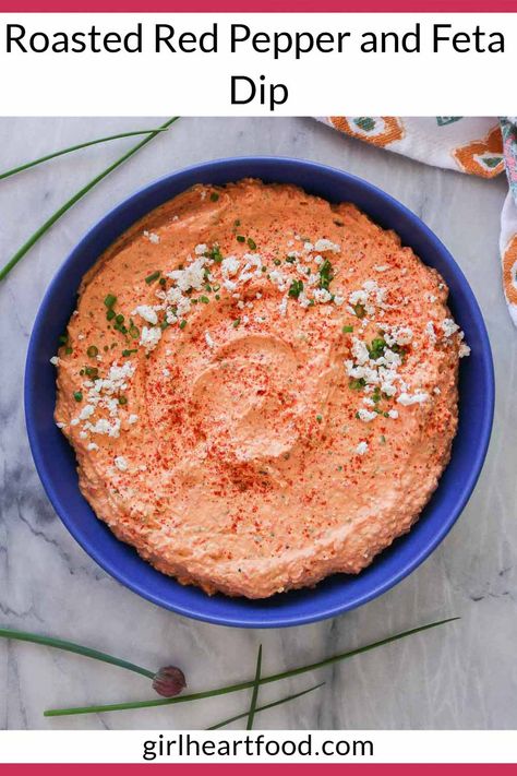 Red Pepper And Feta Dip, Feta Burger, Red Pepper Dip Recipe, Roasted Red Pepper Dip, Comfort Dinner, Stuffed Pepper Dip, Garlic Chives, Feta Dip, Snack Craving