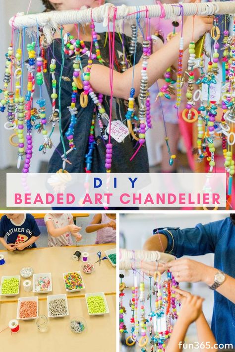 Make a colorful beaded chandelier that's fun for kids of all ages. Meri Cherry provides the full tutorial to make it. Beading Activities For Kindergarten, Meri Cherry, Group Art Projects, Art Education Projects, Farm School, Diy Craft Ideas, Party Planning Ideas, Fall Preschool, Beaded Chandelier