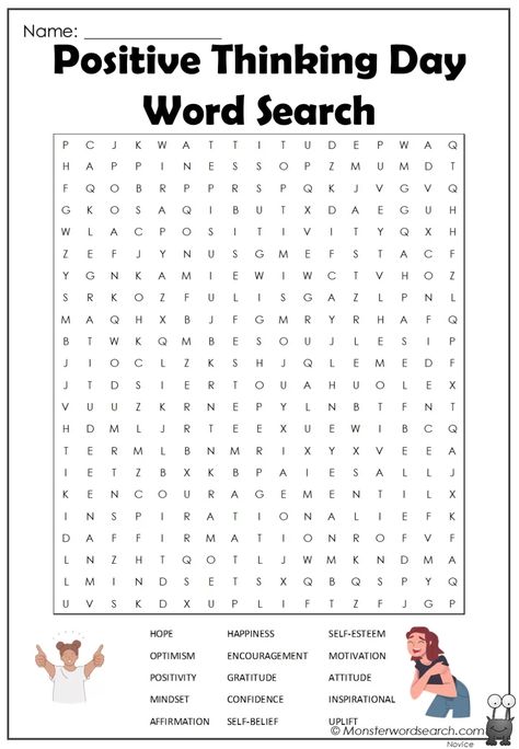 Positive Thinking Day Word Search Positive Affirmation Word Search, Positive Word Search, Positive Thinking Activities, Positive Thinking Activities For Kids, Middle School Word Search, Word Search Printables For Adults, Word Find Free Printable, Adult Word Search Printables, Free Word Search Printables