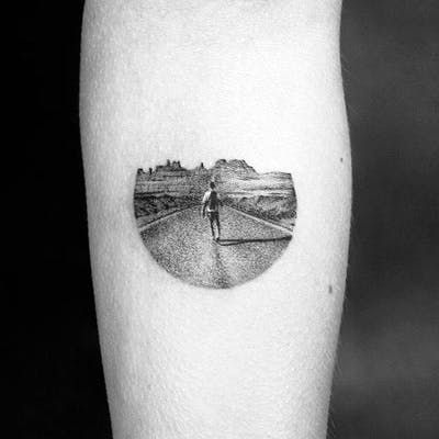 Circle Tattoos, Tattoo Zeichnungen, Landscape Tattoo, World Tattoo, Tattoos Gallery, 문신 디자인, Pontiac Firebird, Skin Art, Car Wheels