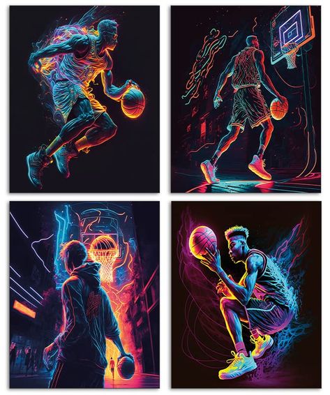 PRICES MAY VARY. Basketball Wall Decor: Set of 4 (8x10 Inches) Frameless basketball mural designed to add that special sports touch to the bedroom, nursery, living room, office, basement or dormitory. These basketball prints are uniquely designed to gift a friend, son, grandson, father, daughter or any basketball fan in your life. These basketball wall art prints look great for boys' bedroom decor, create the perfect basketball man cave, add basketball-themed basement decor and are sure to creat Sports Themed Bedroom For Boys Artwork, Cool Wall Art Boys, Teen Boys Bedroom Artwork, Basket Ball Themed Bedroom, Teenager Bedroom Boy Artwork, Boys Wall Art Teenage, Modern Teen Boy Bedroom Artwork, Boys Sport Themed Bedroom, Basketball Bedroom Ideas Boys