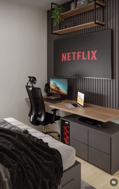 Gaming Room Setup With Bed, Small Room Ideas For Men Aesthetic, Small Mens Bedroom Ideas Layout, Bedroom With Setup, Small Bedroom Ideas For Men Gaming, Teenage Gaming Bedroom, Bedroom With Desk Layout Ideas, Teenager Gaming Bedroom, Small Bedroom Gaming Setup