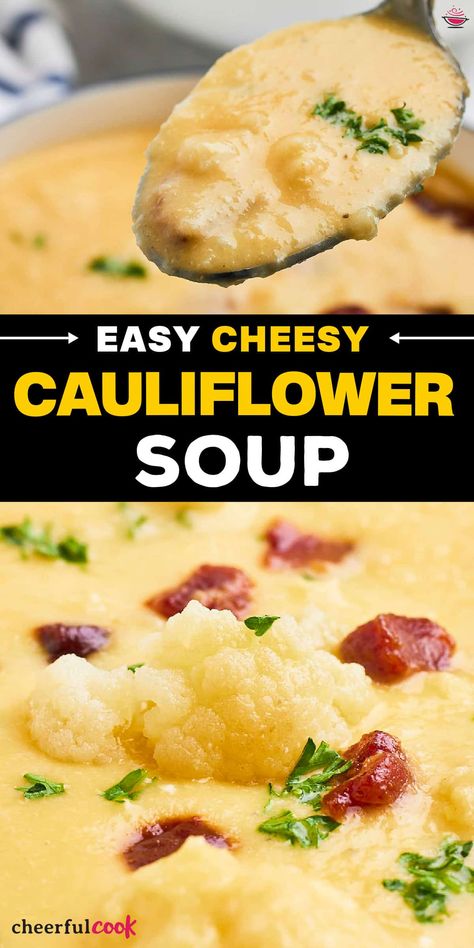 Looking for a tasty and fast way to get cozy? Our delicious limited-ingredient cauliflower soup is here! You can choose how you want it; blended, smooth, or chunky. Make the perfect bowlful in no time - just warm up, eat up and enjoy !#cheerfulcook #cauliflowersoup #soup #souprecipe #cheesy #cauliflowercheddar #soup #cheesy #easy Cauliflower Soup With Bacon, Slow Cooker Cauliflower Soup, Crockpot Cauliflower, Easy Cheesy Cauliflower, Easy Cauliflower Soup, Cauliflower Soup Healthy, Cheesy Cauliflower Soup, Cauliflower Chowder, Soup With Bacon