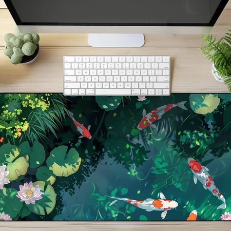 SoulfulJoyWay - Etsy Cool Mouse Pads, Pond Cottagecore, Desk Mat Ideas, Desk Japanese, Pond Illustration, Computer Decor, Cottagecore Desk, Background Study, Anime Mouse Pad