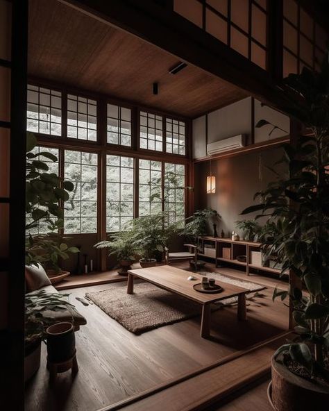 IDLN | Home & Commercial Interior Design on Instagram: "Transitional Japanese interior design concepts✨🤍 Filled with natural materials and natural sunlight! Want your space designed? Let us help! More information on our website, link in bio! #interiordesign #interior" Japanese Inspired Apartment Decor, Natural Home Design Interior, Dark Wood Japanese Interior, Inside Japanese Home, Yakuza Interior Design, Asian Inspired Interior Design, Asian Apartment Aesthetic, Japanese Zen Interior Design, Interior Design Japanese Style