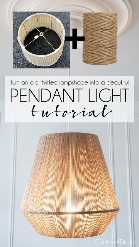 cheap DIY pendant light tutorial using jute yarn Abat-jour Diy, Jute Yarn, Diy Luminaire, Diy Pendant Light, Lampe Diy, Diy Light Fixtures, Diy Lampe, Diy Shades, Hemma Diy