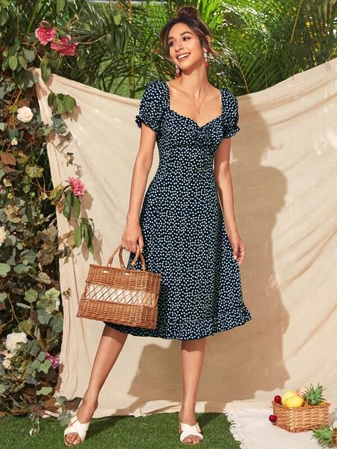 Ditsy Floral Knot Detail Ruffle Hem Milkmaid Dress | SHEIN USA Casual Chic Summer, Ditsy Floral Dress, Beautiful Maxi Dresses, Hem Design, Ruffle Hem Dress, Night Out Dress, Puffed Sleeves Dress, Sweetheart Neck, Ditsy Floral