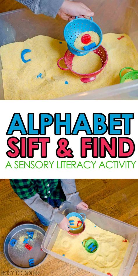 Alphabet Sift and Find - check out this seriously fun and easy toddler activity! It's a combination of literacy and sensory fun - an alphabet learning activity for toddlers and preschoolers. Aktiviti Kanak-kanak, Alphabet Learning, Activity For Toddlers, Easy Toddler Activities, Abc Activities, Toddler Sensory, Teaching Toddlers, Toddler Activity, Preschool Literacy