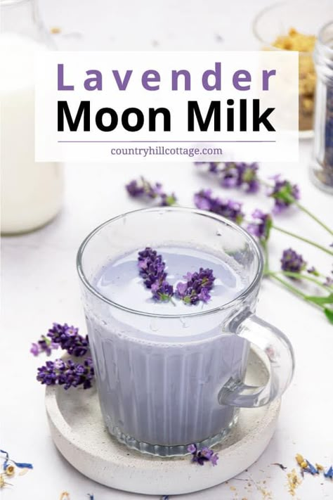 Lavender Moon Milk, Moon Milk Recipe, Lavender Milk, Bedtime Drink, Kitchen Witch Recipes, Moon Milk, Lavender Moon, Milk Tea Recipes, Tea Drink Recipes