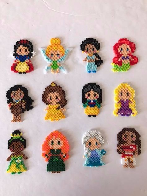 Disney Princesses made out of Pearler Beads #disney #dapperday #disneystyle #disneyfashion #disneybound Hama Beads Disney, Hamma Beads Ideas, Easy Perler Bead Patterns, Easy Perler Beads Ideas, Fuse Bead Patterns, 디즈니 캐릭터, Art Perle, Hama Beads Design, Perler Bead Templates