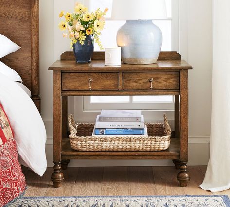 Summerville Nightstand | Pottery Barn French Cottage Home, Nightstand Aesthetic, Pottery Barn Bedrooms, Meranti Wood, Guest Bedroom Makeover, Guest Room Design, Vintage Nightstand, Pretty Room, Bedroom Night Stands