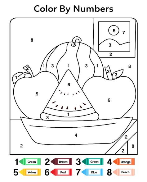 Simple Fruits Color by Number coloring page Garden Theme Classroom, Baby Animal Nursery Art, Vegetable Coloring Pages, Materi Bahasa Inggris, Color By Number Printable, Numbers Worksheet, Kindergarten Coloring Pages, Toddler Homeschool, Fruit Coloring Pages