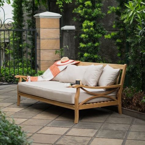 51 Outdoor Daybeds for Indulgent Relaxation Your Way Sofa Daybed, Patio Daybed, Outdoor Seating Set, Patio Loveseat, Outdoor Daybed, Wood Patio, Daybed Sofa, Beige Cushions, Teak Outdoor