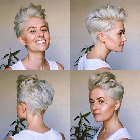 Pixie 360. // // // #pompadour #pixietutorial #hairtutorial #shorthairtutorial #pompadourtutorial #platinumblonde #blondehairdontcare… Tabatha Coffey, Kort Pixie, Kort Bob, Short Blonde Pixie, Cute Hair Colors, Mohawks, Blonde Pixie Hair, Blonde Pixie Cuts, Trendy Hair Color