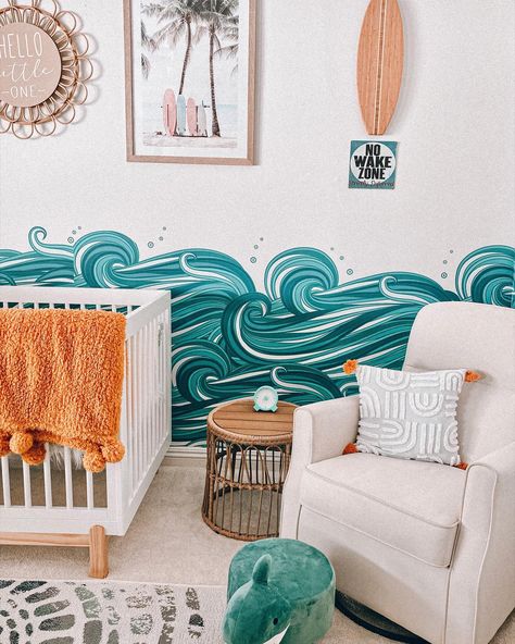 Nursery Decor Ocean, Wave Wallpaper Nursery, Ocean Animals Nursery, Under The Sea Themed Bedroom, Sea Inspired Nursery, Ocean Aesthetic Nursery, Moana Nursery Theme, Aquatic Themed Nursery, Nursery Ideas Ocean Theme