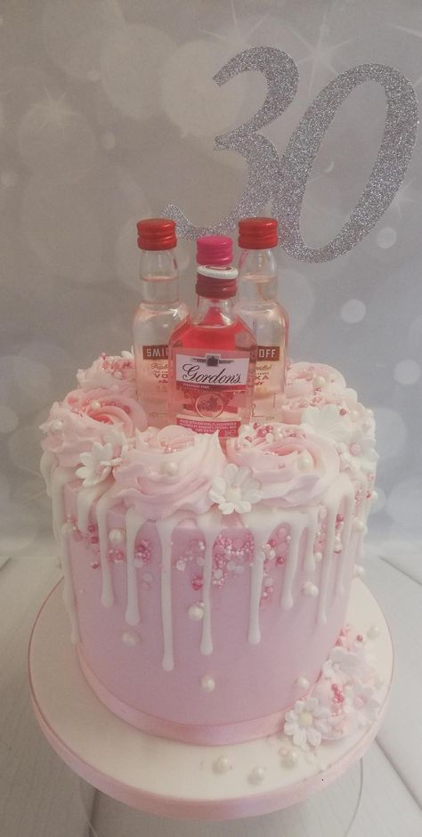 Pink Gin Birthday Cake, Alcohol Birthday Cake For Women, 30th Birthday Cakes Ideas For Women, Pink Birthday Cake For Women, Pink Cakes Birthday For Women, Pink 21st Birthday Cake, White Drip Cake, 50th Birthday Cake Images, Gin Cake