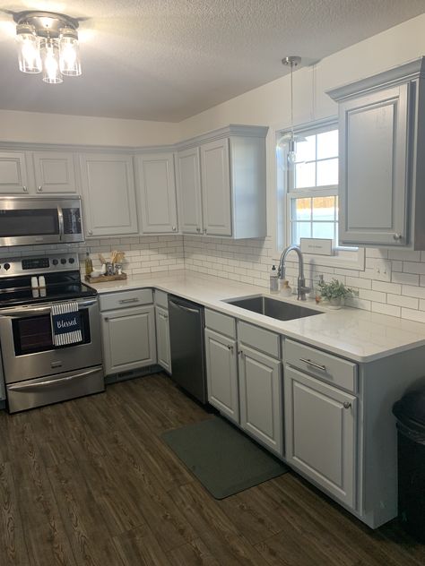 Farmhouse Gray Kitchen, Light Grey Kitchen Cabinets, Farmhouse Gray, Light Grey Kitchens, Light Gray Cabinets, Grey Kitchen Designs, Quartz Counter, Gray Cabinets, Gray Kitchen