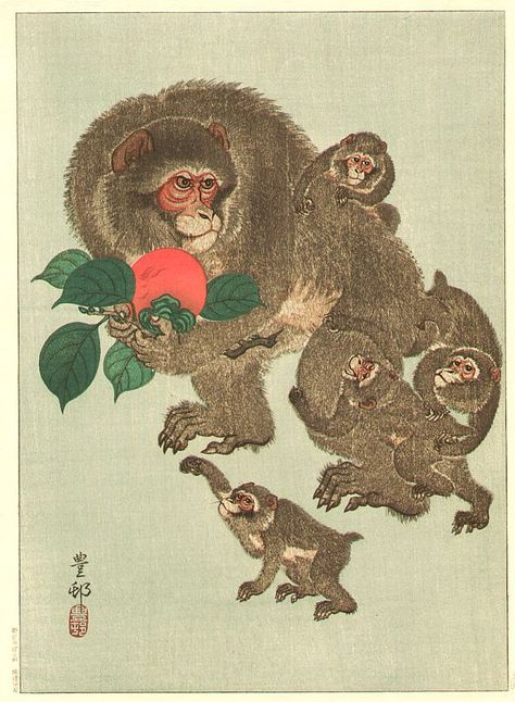 Monkey and Baby Monkeys Asian Monkey, Koson Ohara, Monkey Magic, Japanese Monkey, Japanese Animals, Japan Wall Art, Japanese Woodcut, Ohara Koson, Japanese Drawings