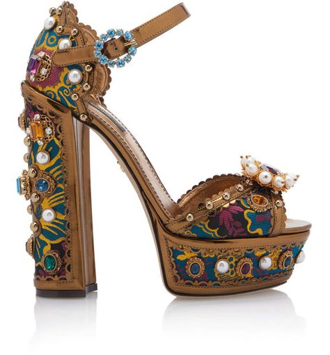 Dolce & Gabbana Bejeweled Peep Toe Pumps Dolce & Gabbana's peep-toe platform pumps are crafted with jacquard fabric and jewel and beaded embellishments Bronze Sandals, Giuseppe Zanotti Heels, Chunky Heel Shoes, Dolce Gabbana Shoes, Gelang Manik, Chunky High Heels, Leather Platform Sandals, Super High Heels, Embellished Sandals