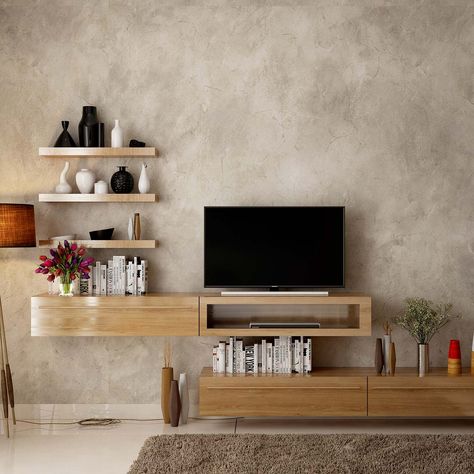 Tv Panel With Shelves, Minimal Tv Unit Design Bedroom, Industrial Tv Wall Design, Small Tv Unit For Bedroom, Tv Unit Styling Living Rooms, Living Room Tv Wall Modern Floating Shelves, Tv Shelf Bedroom, Tv Unit Minimal, Bedroom Tv Unit Design Small Spaces