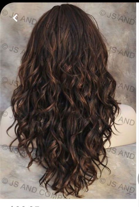 Layered Brown Wavy Hair, V Haircut For Medium Hair Curls, Long Hair With Layers Curly Waves, Layers In Wavy Curly Hair, Long Brown Hair With Layers Curly, Long Brown Curly Hair With Layers, V Shaped Haircut With Layers Curls, Long Brown Permed Hair, V Shaped Haircut With Layers Wavy