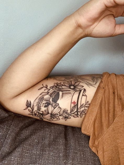 Flowers, nurse hat, skull Nursing Skull Tattoo, Nursing Tattoo Sleeve, Medical Skull Tattoo, Tattoo For Mother Meaningful Sleeve, Nurse Sleeve Tattoo, Nurse Related Tattoos, Nurse Half Sleeve Tattoo, Floral Nurse Tattoo, Creepy Nurse Tattoo