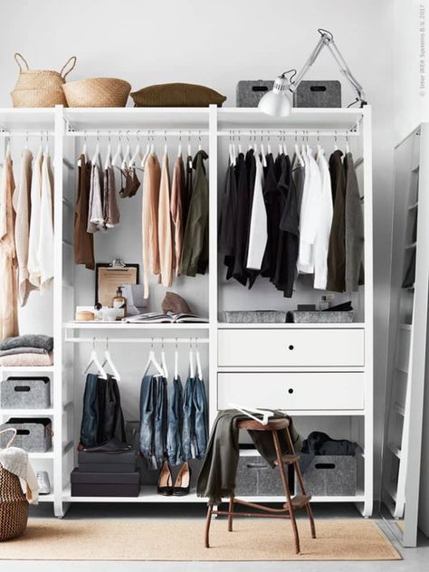 IKEA Closets to Create a Custom Closet Look | Apartment Therapy Ikea Closet Shelves, Ikea Closet Design, Elvarli Ikea, Algot Ikea, Ikea Elvarli, Ikea Closet Organizer, Closet Ikea, Closet Clothes Storage, Dress Room