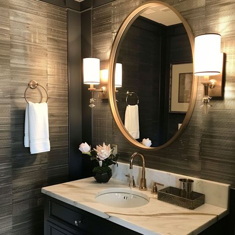 51 Astonishing Powder Room Ideas - Rhythm of the Home Powder Room Dark Ceiling, Traditional Powder Bath, Dramatic Powder Room Luxe, Monochromatic Powder Room, Moody Small Powder Room, Powder Room Dark Walls, Modern Contemporary Powder Room, Organic Modern Powder Room, Moody Powder Bathroom