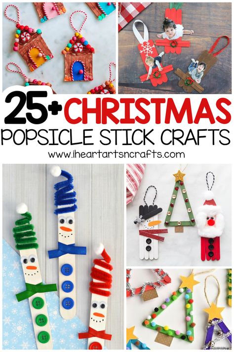 Popsicle Christmas Trees, Lolly Stick Christmas Craft, Popsicle Stick Snowman Ornament, Star Popsicle Stick Craft, Christmas Crafts For Kids Using Popsicle Sticks, Christmas Tree Popsicle Sticks, Popsicle Reindeer Ornament, Jingle Bells Crafts Preschool, Popsicle Stick Ornaments Diy