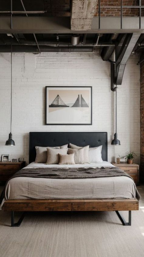 Industrial Vintage Bedroom, Industrial Scandinavian Bedroom, Urban Rustic Bedroom, Modern Industrial Bedroom Master Suite, Industrial Room Design Bedroom, Industrial Guest Bedroom, Modern Industrial Bedroom Ideas, Industrial Scandinavian Interior, Industrial Loft Bedroom