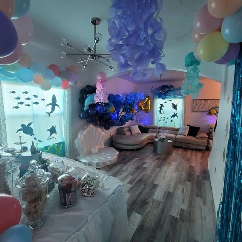 Indoor Under The Sea Party, Turning Three Under The Sea, Mermaid Under The Sea Birthday Party, Under The Sea Slumber Party, Under The Sea Sleepover, Under The Sea Party Decor, Mermaid Sleepover Party, Under The Sea Birthday Party Decorations, Under The Sea Party Games