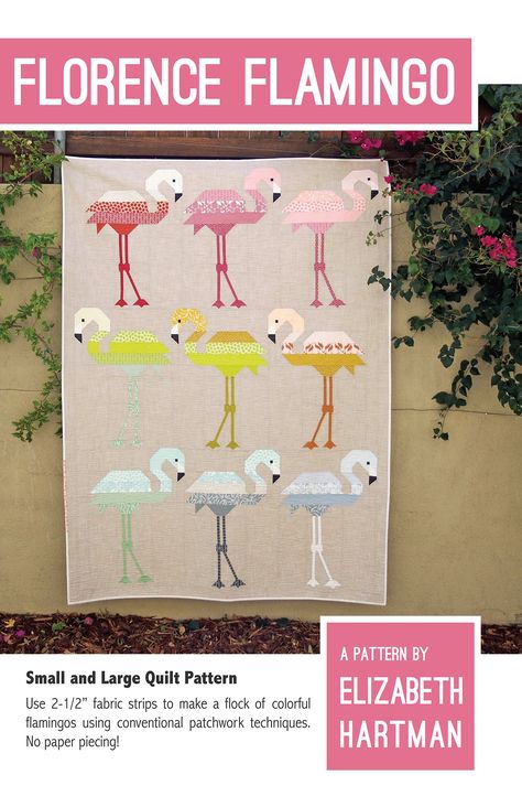 ABOUT+THE+QUILT+Use+2-1/2”+fabric+strips+to+make+these+colorful+flamingos.+Just+a+few+of+these+large-scale+blocks+will+make+a+bold+and+graphic+impact+on+your+next+quilt!+The+pattern+includes+instructions... Flamingo Quilt, Elizabeth Hartman Quilts, Elizabeth Hartman, Quilt Modernen, Quilt Sewing Patterns, Bird Quilt, Flamingo Pattern, Pdf Quilt Pattern, How To Finish A Quilt