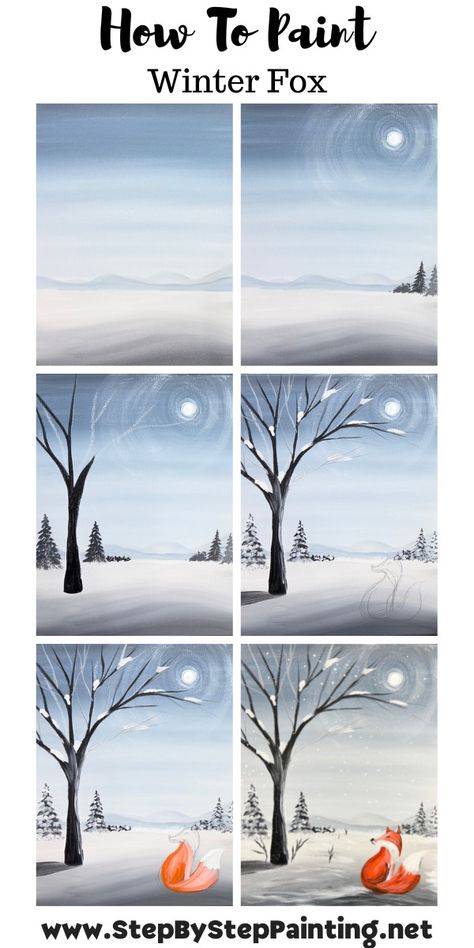 How To Paint Step By Step Acrylic, Winter Step By Step Painting, How To Paint A Winter Scene, How To Paint Winter Scene, Winter Sky Painting, Easy Winter Scenes To Paint, Winter Acrylic Paintings Step By Step, Easy Winter Painting Ideas, Cute Winter Paintings