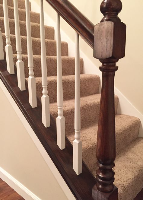 Carpet Staircase Makeover, Wood Staircase Makeover, Oak Railing Makeover, Refinishing Stair Railing, Staircase Railing Makeover, Staircase Makeover Paint, Stair Banister Makeover, Stairway Upgrade, Painted Banister Ideas