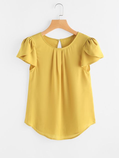 Petal Sleeve Keyhole Back Curved Hem Blouse -SheIn(Sheinside) Bright Fashion, Petal Sleeve, Hem Blouse, Plain Tops, Pleated Fabric, Women Blouses, Blouse Online, Outfit Style, Chiffon Blouse