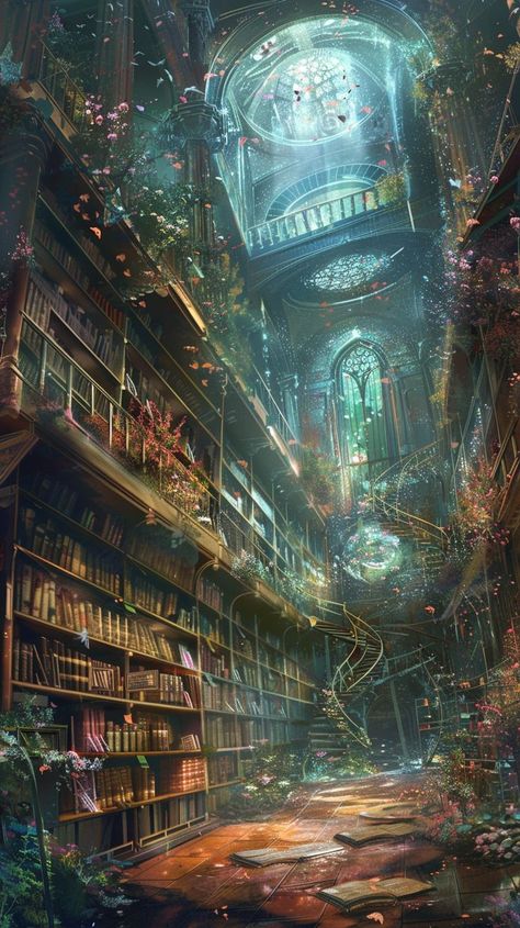 Follow me for more bookish art #library #libraryaesthetic #fantasylibrary #libraryart Fantasy Library Room Concept Art, Fantasy Bookstore Concept Art, Massive Library Fantasy Art, Endless Library Fantasy Art, Fantasy Landscape Library, Magic Office Concept Art, Infinite Library Fantasy Art, Grand Library Concept Art, Dnd Library Art