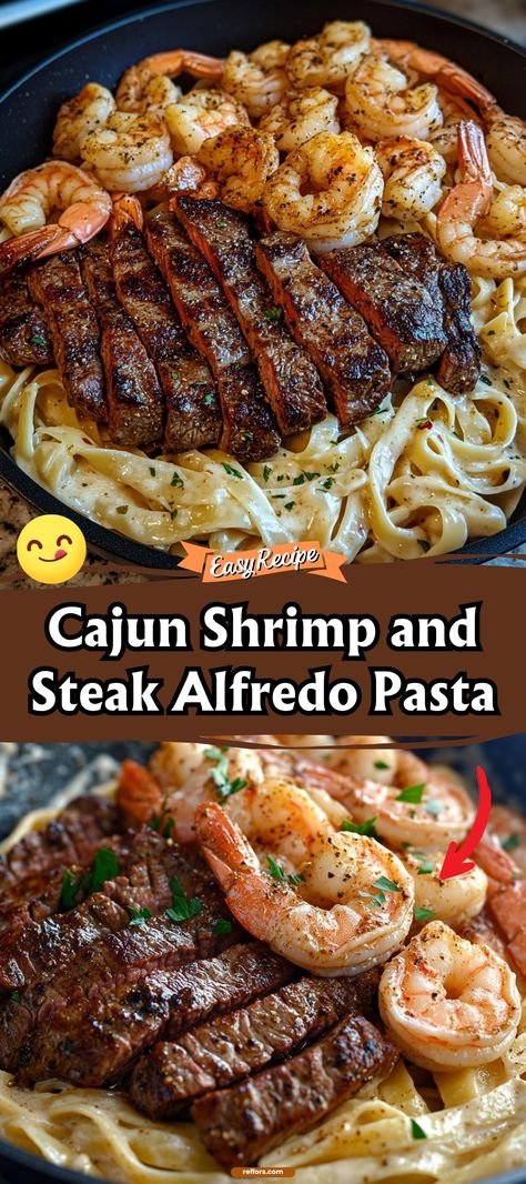 Unleash a burst of flavor with Cajun Shrimp and Steak Alfredo Pasta. This dish combines the spicy kick of Cajun seasoning with the creamy richness of Alfredo sauce for a satisfying fusion of tastes. #CajunAlfredo #ShrimpAndSteak #PastaNight Steak Shrimp Alfredo Pasta, Spicy Cajun Steak Alfredo Pasta, Creamy Cajun Steak Pasta, Steak And Shrimp Cajun Pasta, Cajun Steak And Shrimp Alfredo Pasta, Cajun Shrimp And Steak Alfredo, Shrimp With Alfredo Sauce, Cajun Shrimp & Steak Alfredo Pasta, Steak Shrimp Pasta