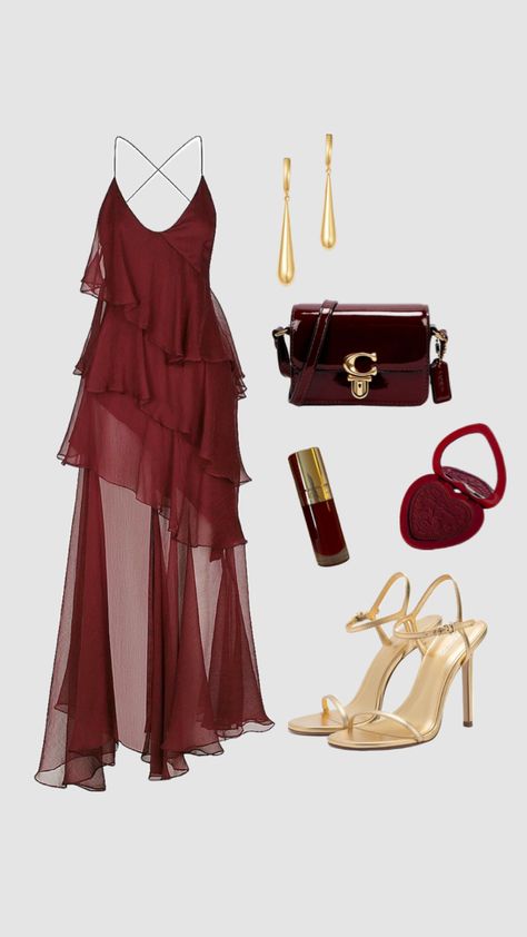 Deep red partially sheer dress paired with gold tones #outfitinspo #personalstylist #personalstyle #fashion #fashioncommunity #youruniquelook #reddress Flowy Sheer Dress, Elegant Red Dress Aesthetic, Deep Red Outfits, Gold And Red Outfit, Red Gold Outfit, Fancy Date Night Outfit, Flowy Red Dress, Red Flowy Dress, Dress Date Night Outfit