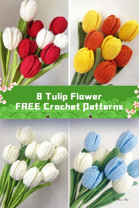 8 Tulip Flower Crochet Patterns - FREE Crochet Flowers Free Pattern Tulip, Crocheted Tulips Pattern Free, Crochet Tulip Bouquet Free Pattern, Crochet Tulip Free Pattern, How To Crochet A Tulip, Free Crochet Tulip Pattern, Crochet Flowers Tulip, Tulip Crochet Pattern Free, Crochet Tulips Bouquet