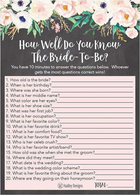 Amazon.com: 25 Floral How Well Do You Know The Bride Bridal Wedding Shower or Bachelorette Party Game, Flowers Who Knows The Best, Does The Groom? Couples Guessing Question Set of Cards Pack, Printed Engagement : Home & Kitchen Bachelorette Party Game, Bachelorette Party Games, Bridal Shower Party, Party Game, The Groom, Bride Bridal, Who Knows, Shower Party, Favorite Drinks