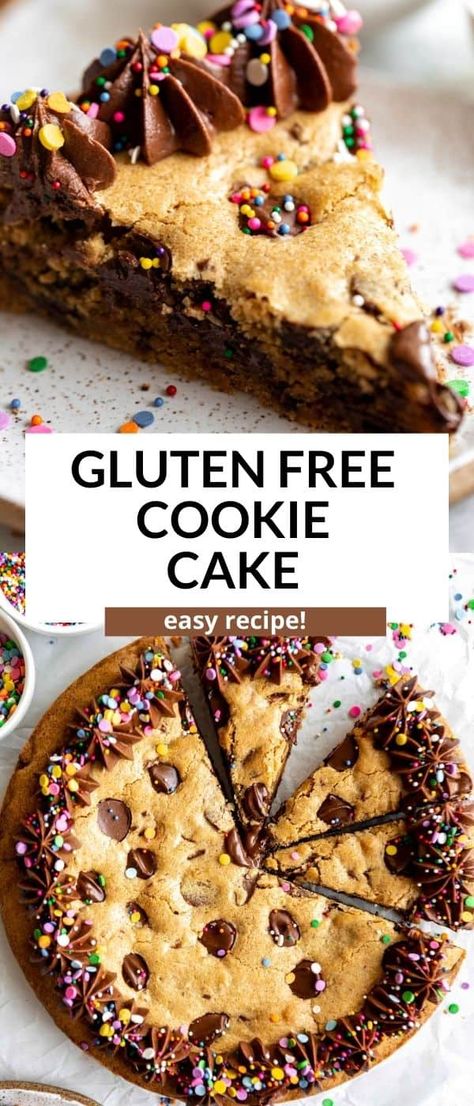 This gluten free cookie cake is easy to make, dairy free friendly and perfect for fun party dessert. This cookie cake is loaded with chocolate chips and topped with frosting. Christmas Treats Gluten Free Dairy Free, Really Good Gluten Free Recipes, Gf Dairy Free Snacks, Gluten Free Dairy Free Cookie Cake, Good Gluten Free Desserts, Gf Cookie Cake, Amazing Gluten Free Desserts, Easy Baking Recipes Gluten Free, Good Gluten Free Recipes