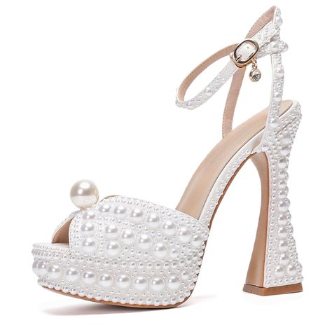 PRICES MAY VARY. Elevate your bridal look with these stunning Pearl Heels. The 4.5-inch heel adds grace, elegance, and height for a glamorous walk down the aisle. Adorned with elegant pearls, these Bridal Shoes exude luxury and timeless beauty, perfectly complementing your bridal ensemble. Designed with a rounded toe, these Platform sandals offer a comfortable and stylish fit, adding a touch of sophistication to your overall appearance. With a sturdy waterproof platform and chunky heel, these we Wedding Shoe Wedge, Pearl Heels Aesthetic, Block Heel Wedding Shoes Brides Comfortable, High Heels With Pearls, Platform Wedding Shoes, Pearl Heels, Wedding Shoes Platform, Iconic Shoes, Pearl Shoes