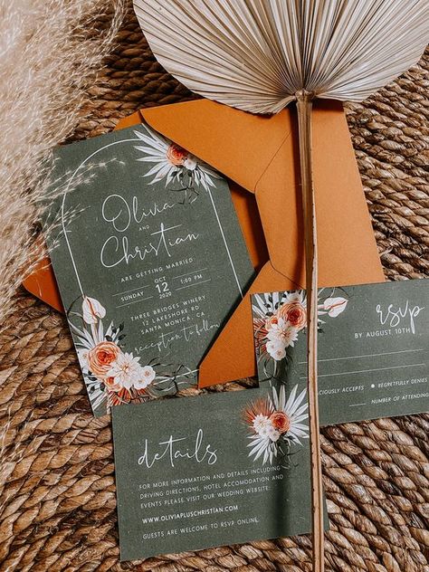 Burnt Orange and Olive Green for Burnt Orange Wedding Colors for 2024, Mismatched Burnt Orange and Olive Green Bridesmaid Dresses - ColorsBridesmaid Dried Greenery, Terracotta Flowers, Afro Boho, Earth Tone Wedding, Orange Wedding Colors, Orange Wedding Invitations, Wedding Invitation Templates Rustic, Minimal Font, Boho Wedding Invitation