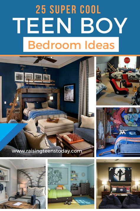 25 Super Cool Teenage Boy Bedroom Ideas! The best of the best of ideas and cool ideas all right here to give you the inspiration you're looking for! #teenbedrooms #teenbedroomdecor Shelves For Teenage Boys Room, Teen Bunk Bed Rooms, Tennage Boy Room Design, Cool Teen Boy Rooms, Teenage Room Decor Boy Bedroom Ideas, Big Boys Room Ideas, Preteen Boy Bedroom Design, Teen Boy Bedroom Paint Ideas, Teenage Boys Bedroom Paint Colors